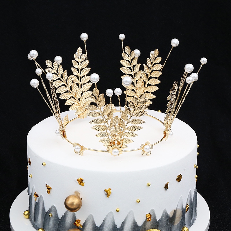 Bridal Ornament Wedding Dress Headdress Baking Cake Topper Crown Leaves Golden Mesh Hair Accessories Birthday Ornaments