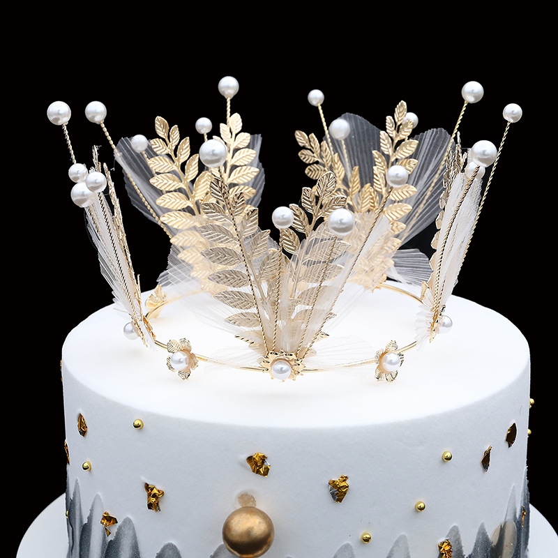 Bridal Ornament Wedding Dress Headdress Baking Cake Topper Crown Leaves Golden Mesh Hair Accessories Birthday Ornaments