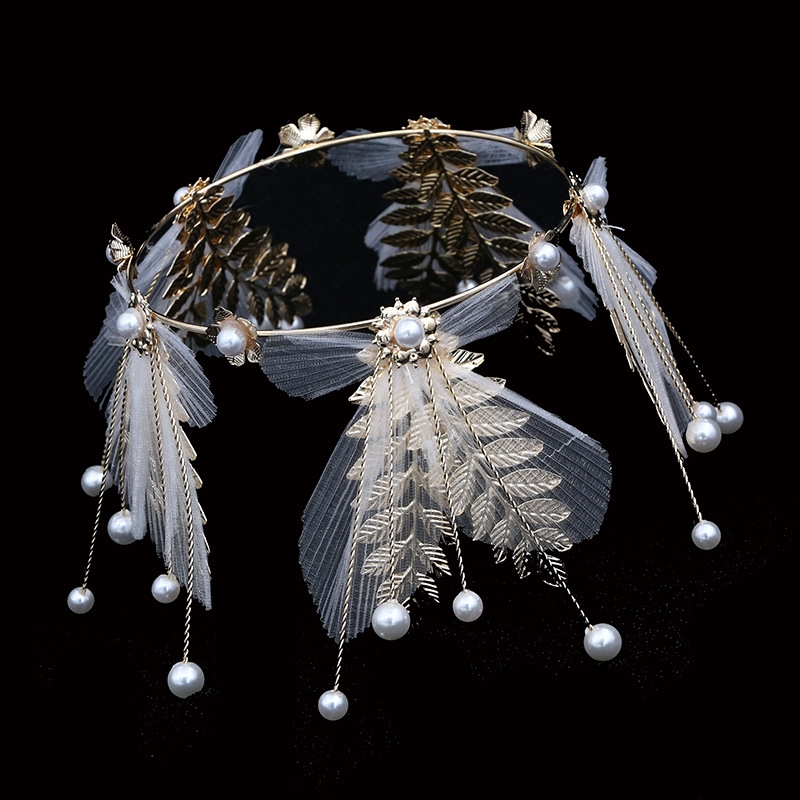 Bridal Ornament Wedding Dress Headdress Baking Cake Topper Crown Leaves Golden Mesh Hair Accessories Birthday Ornaments
