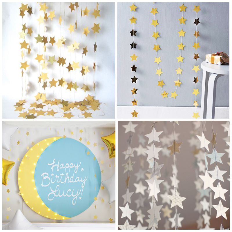 Mirror Wall Stickers FiveCorner Star Paper String Garland Christmas Decoration Wedding Party Flag Pulling Window