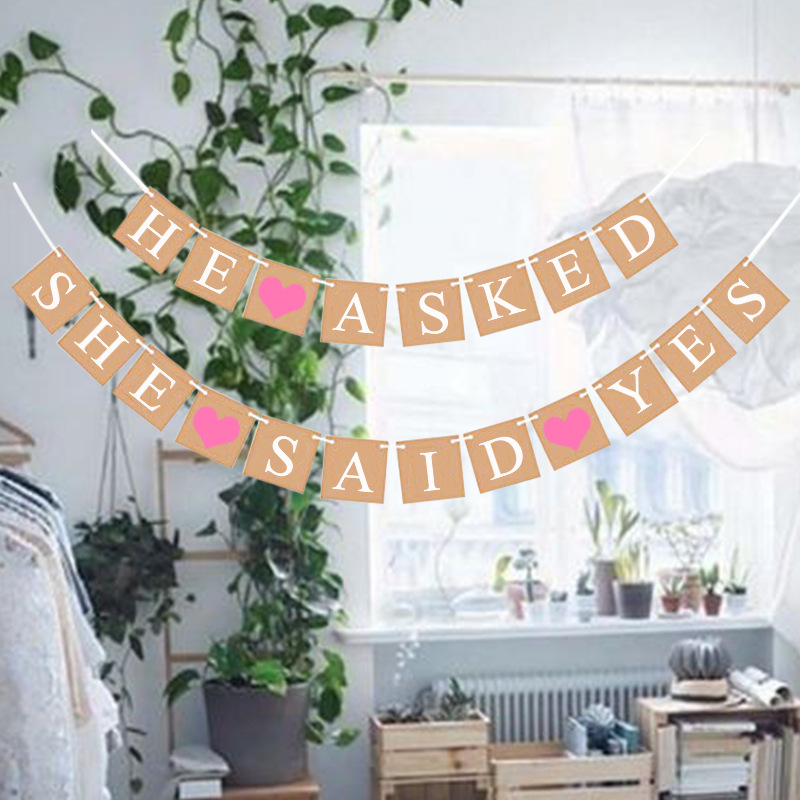 European and American Wedding Single Party Decoration Garland He Asked She Said Yes Kraft Paper Hanging Flag