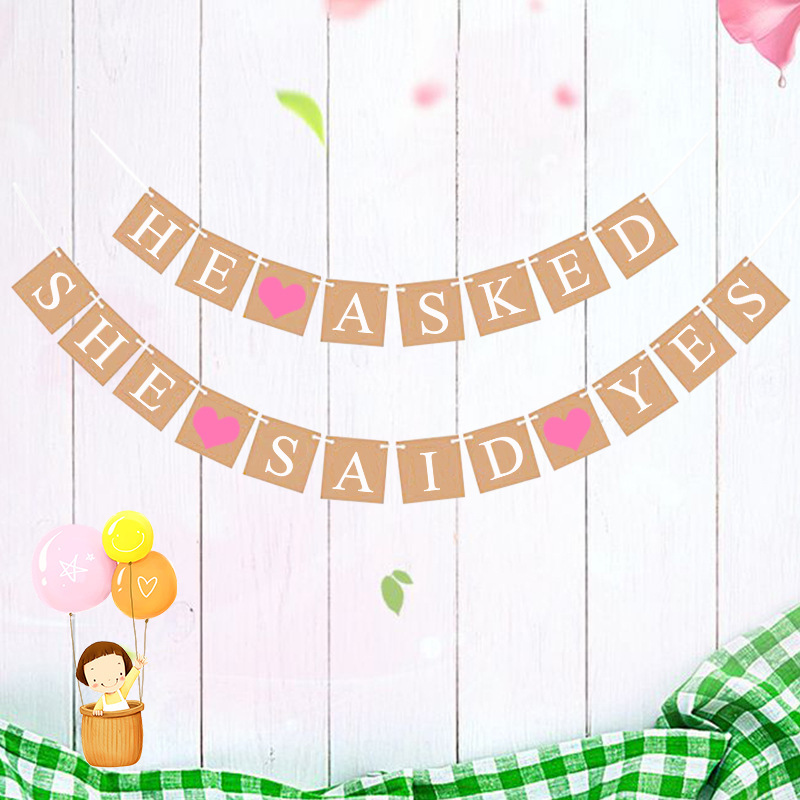 European and American Wedding Single Party Decoration Garland He Asked She Said Yes Kraft Paper Hanging Flag