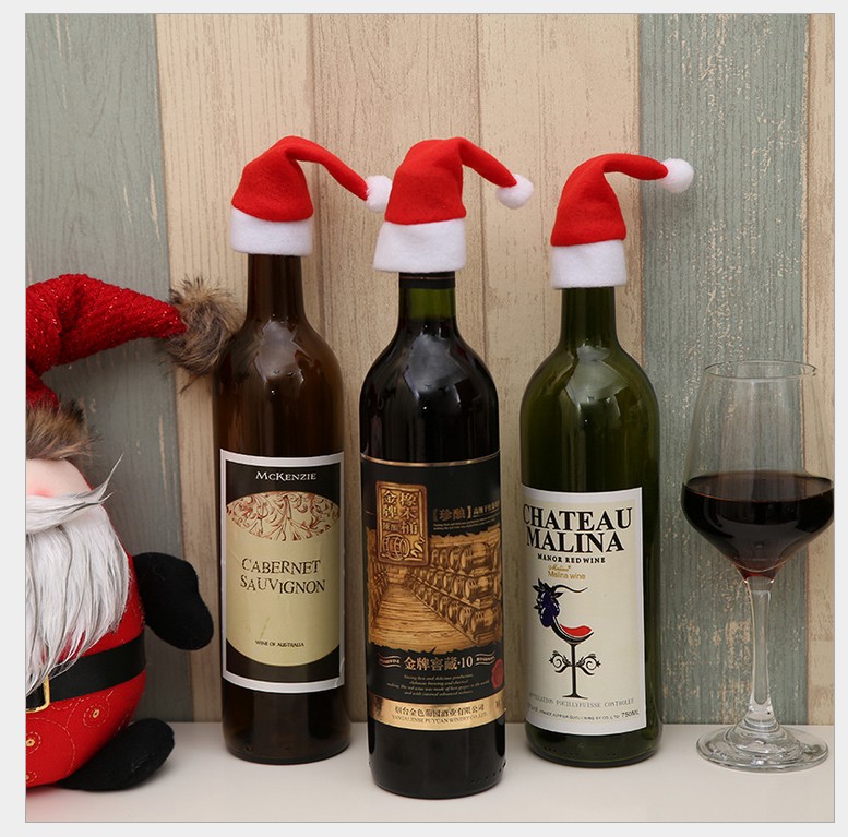 Christmas Decorations Christmas Small Hat Flannel Fabric Mini Hat Christmas Hat Knife and Fork Set Christmas Wine Bottle Decoration