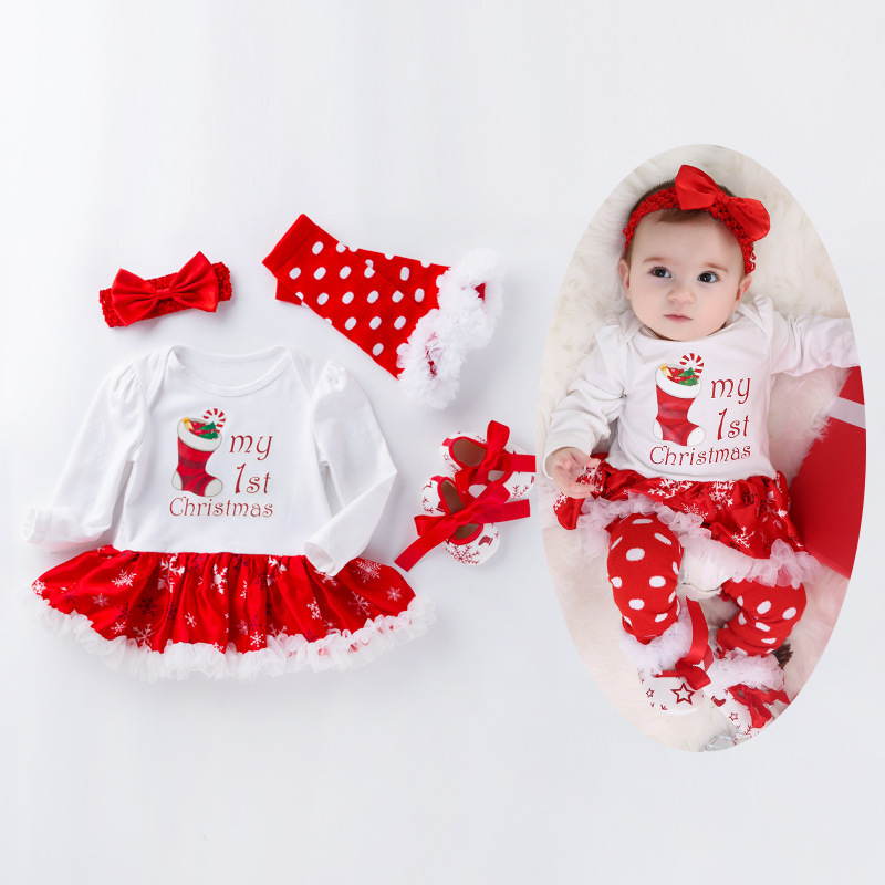 Christmas Big Snowflake Baby&#039;s Gown Baby Suit Cotton Long Sleeve 02 Years Old Baby Dress Wish Amazon Hot Sale
