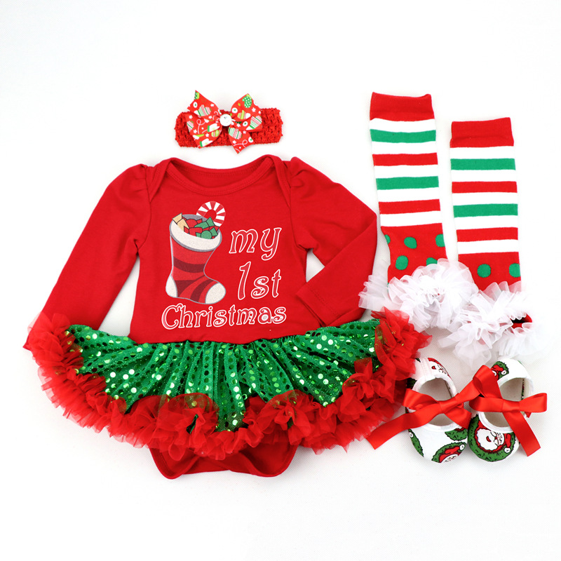 Amazon Christmas Tree Cartoon Newborn Baby Clothes for Babies Dress Four-Piece Set Foot Sock Shoes Head Wear