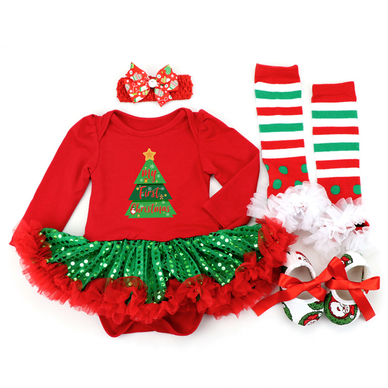 Amazon Christmas Tree Cartoon Newborn Baby Clothes for Babies Dress Four-Piece Set Foot Sock Shoes Head Wear