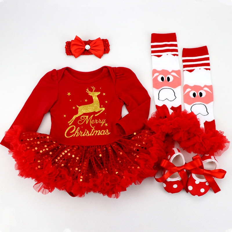 Amazon Christmas Tree Cartoon Newborn Baby Clothes for Babies Dress Four-Piece Set Foot Sock Shoes Head Wear
