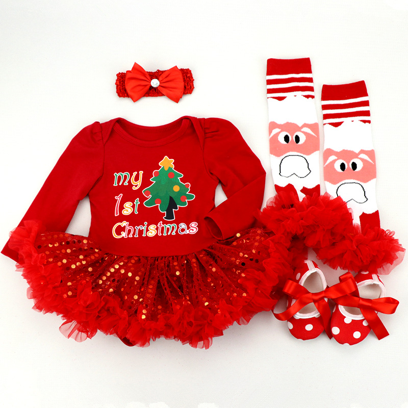 Amazon Christmas Tree Cartoon Newborn Baby Clothes for Babies Dress Four-Piece Set Foot Sock Shoes Head Wear