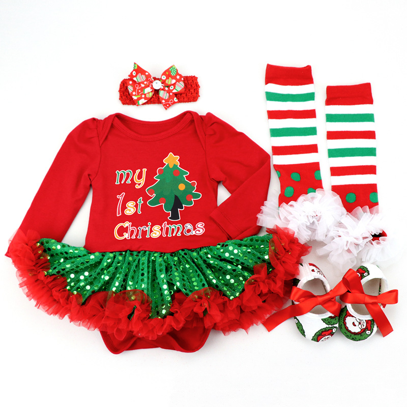 Amazon Christmas Tree Cartoon Newborn Baby Clothes for Babies Dress Four-Piece Set Foot Sock Shoes Head Wear