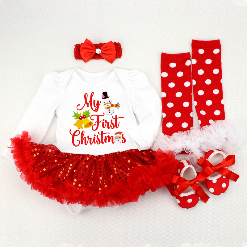Amazon Christmas Tree Cartoon Newborn Baby Clothes for Babies Dress Four-Piece Set Foot Sock Shoes Head Wear