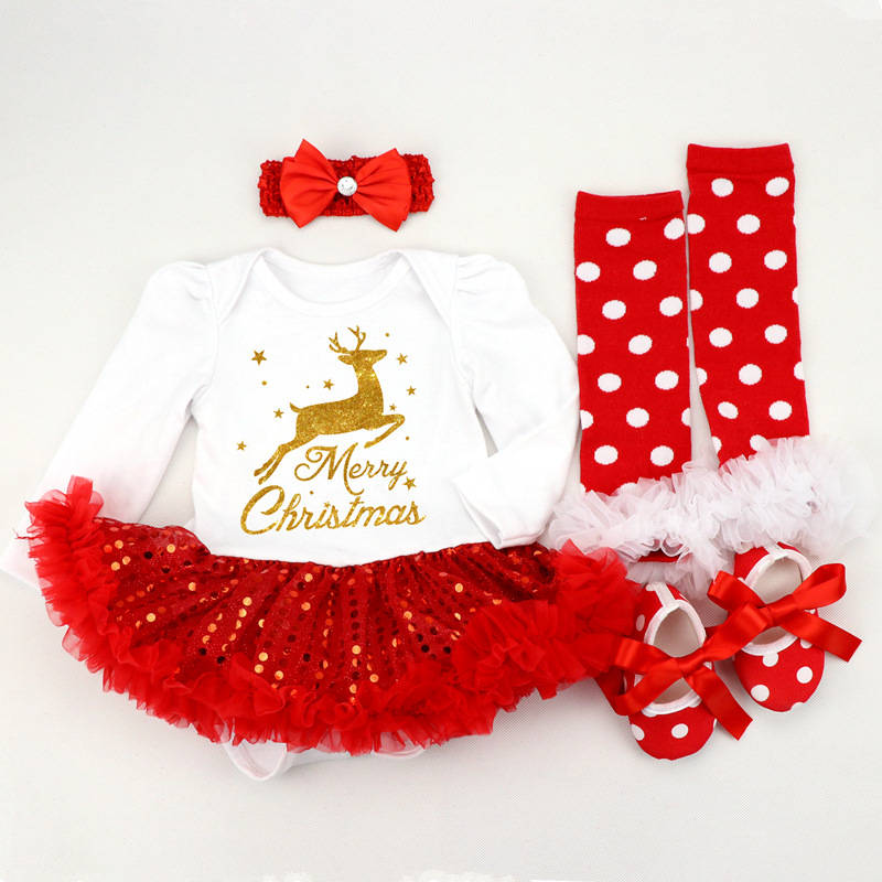 Amazon Christmas Tree Cartoon Newborn Baby Clothes for Babies Dress Four-Piece Set Foot Sock Shoes Head Wear