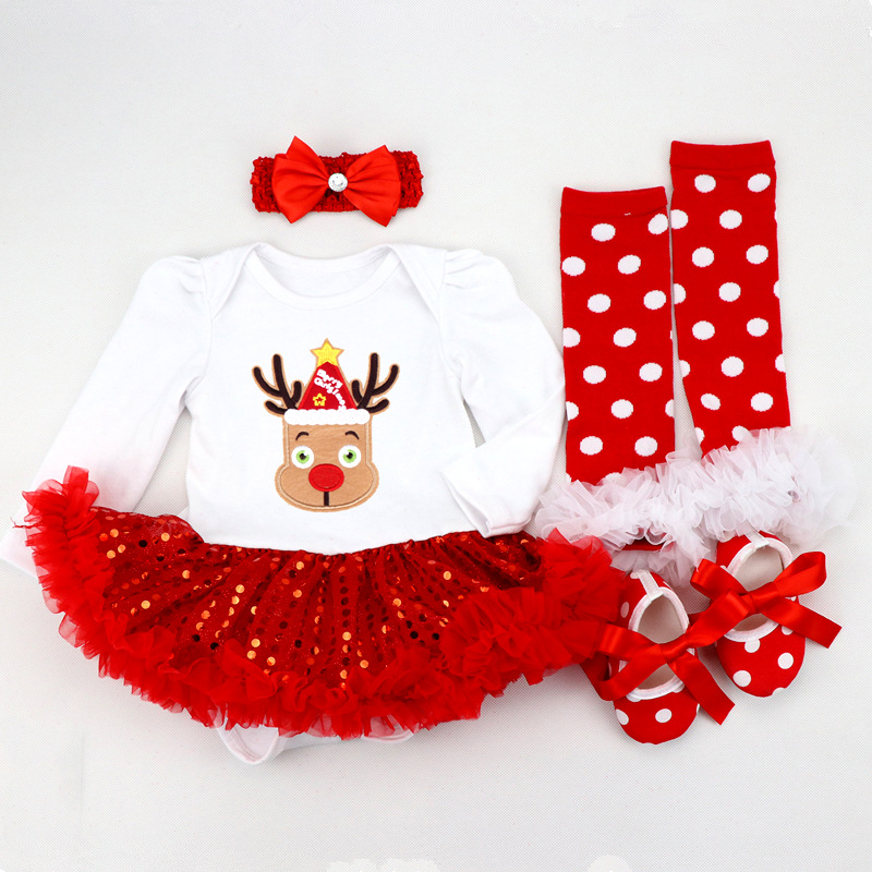 Amazon Christmas Tree Cartoon Newborn Baby Clothes for Babies Dress Four-Piece Set Foot Sock Shoes Head Wear