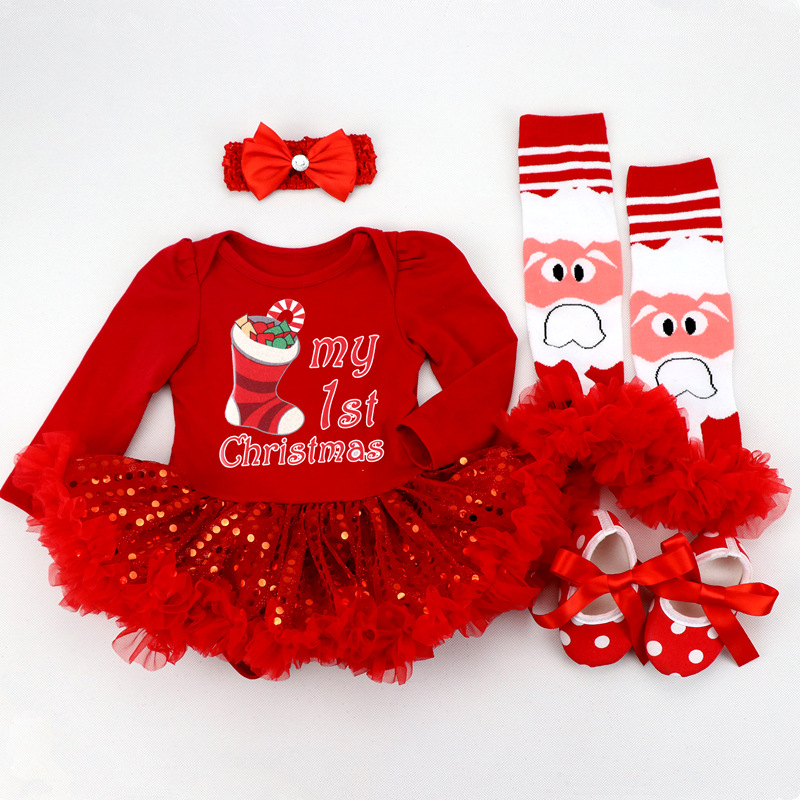 Amazon Christmas Tree Cartoon Newborn Baby Clothes for Babies Dress Four-Piece Set Foot Sock Shoes Head Wear