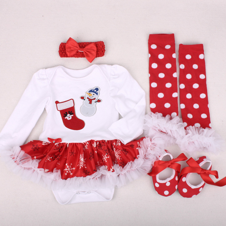 Amazon Christmas Tree Cartoon Newborn Baby Clothes for Babies Dress Four-Piece Set Foot Sock Shoes Head Wear