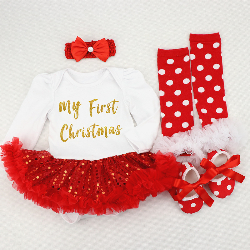 Amazon Christmas Tree Cartoon Newborn Baby Clothes for Babies Dress Four-Piece Set Foot Sock Shoes Head Wear