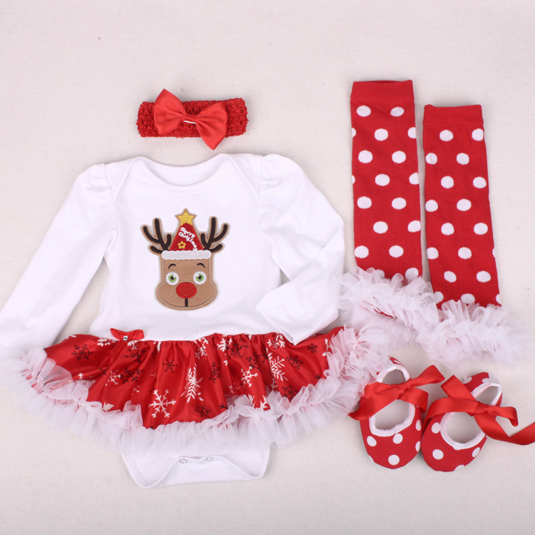 Amazon Christmas Tree Cartoon Newborn Baby Clothes for Babies Dress Four-Piece Set Foot Sock Shoes Head Wear