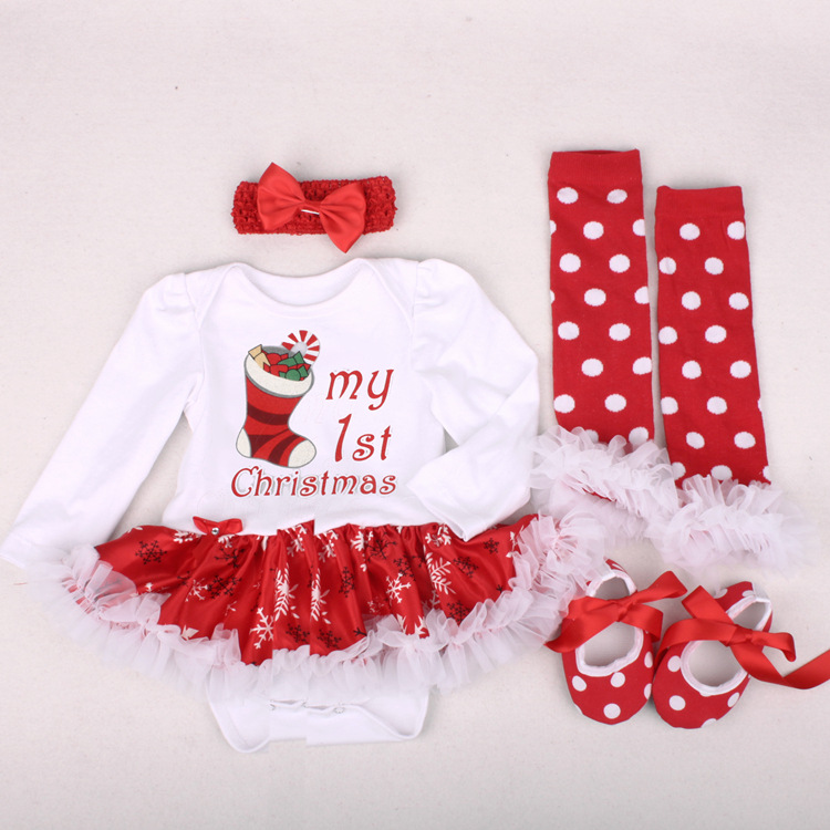 Amazon Christmas Tree Cartoon Newborn Baby Clothes for Babies Dress Four-Piece Set Foot Sock Shoes Head Wear