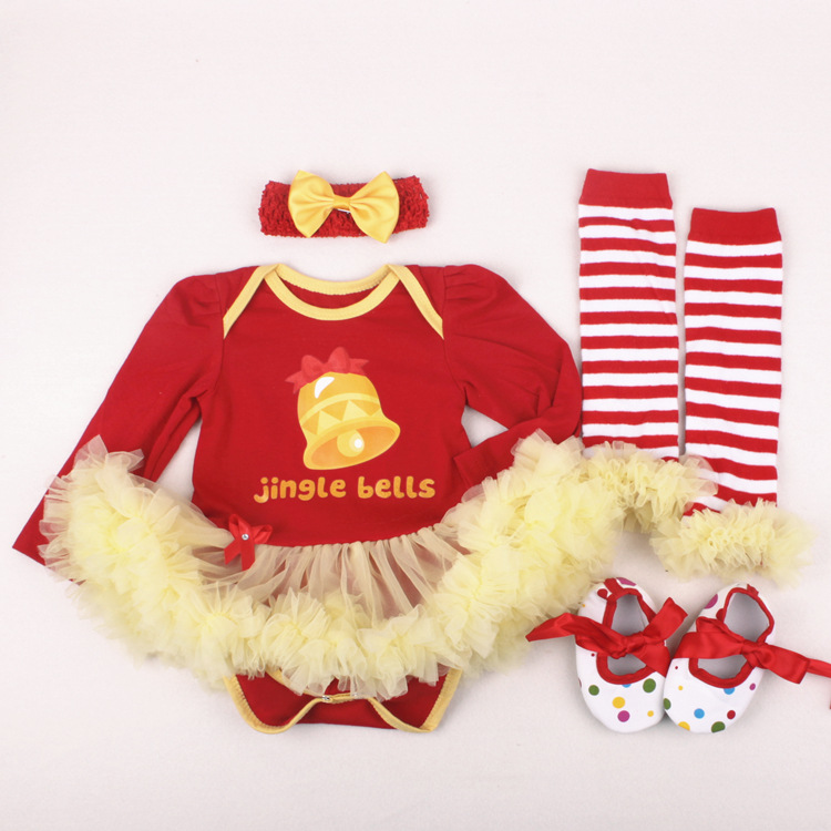 Amazon Christmas Tree Cartoon Newborn Baby Clothes for Babies Dress Four-Piece Set Foot Sock Shoes Head Wear