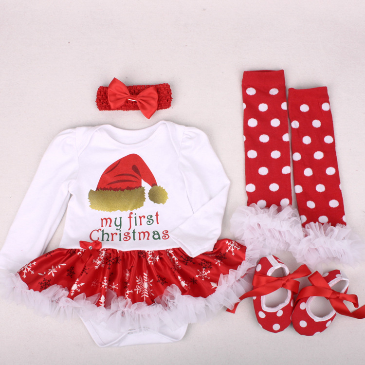 Amazon Christmas Tree Cartoon Newborn Baby Clothes for Babies Dress Four-Piece Set Foot Sock Shoes Head Wear