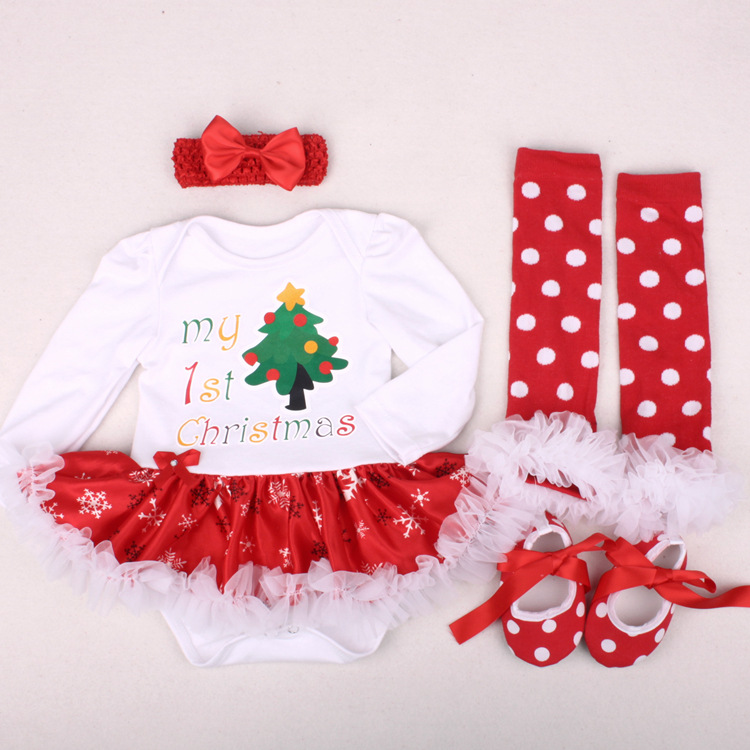 Amazon Christmas Tree Cartoon Newborn Baby Clothes for Babies Dress Four-Piece Set Foot Sock Shoes Head Wear