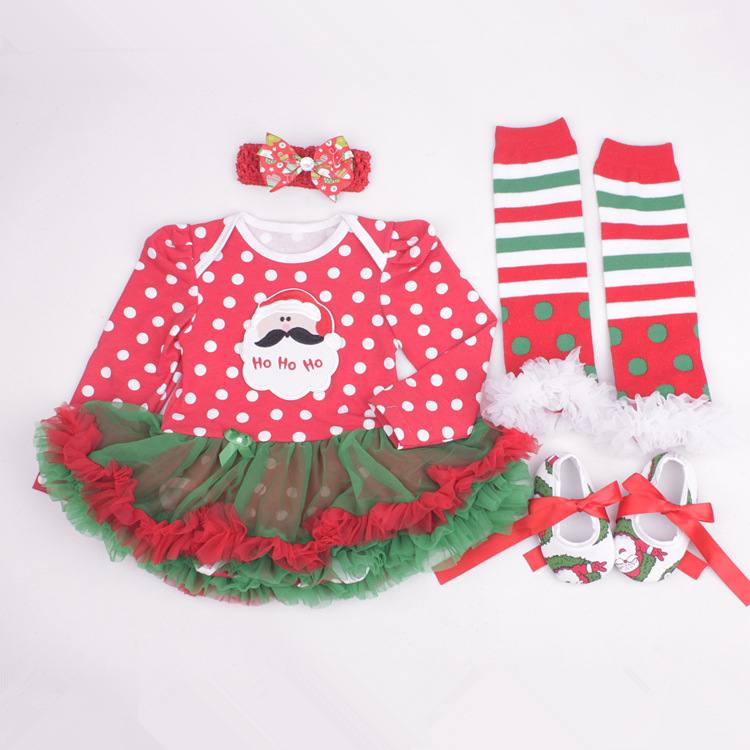 Amazon Christmas Tree Cartoon Newborn Baby Clothes for Babies Dress Four-Piece Set Foot Sock Shoes Head Wear
