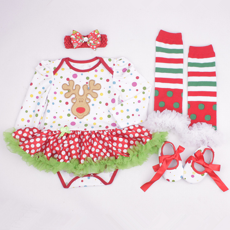 Amazon Christmas Tree Cartoon Newborn Baby Clothes for Babies Dress Four-Piece Set Foot Sock Shoes Head Wear