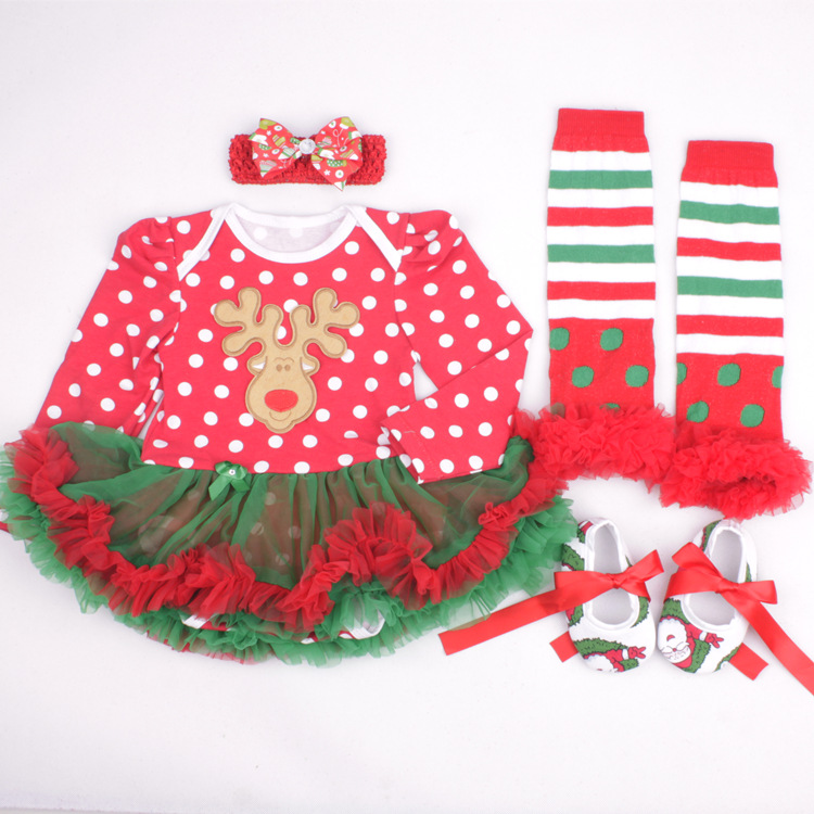 Amazon Christmas Tree Cartoon Newborn Baby Clothes for Babies Dress Four-Piece Set Foot Sock Shoes Head Wear