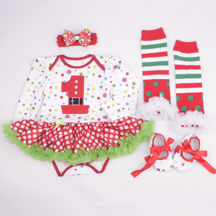 Amazon Christmas Tree Cartoon Newborn Baby Clothes for Babies Dress Four-Piece Set Foot Sock Shoes Head Wear