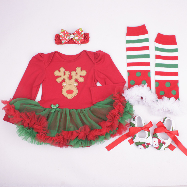 Amazon Christmas Tree Cartoon Newborn Baby Clothes for Babies Dress Four-Piece Set Foot Sock Shoes Head Wear