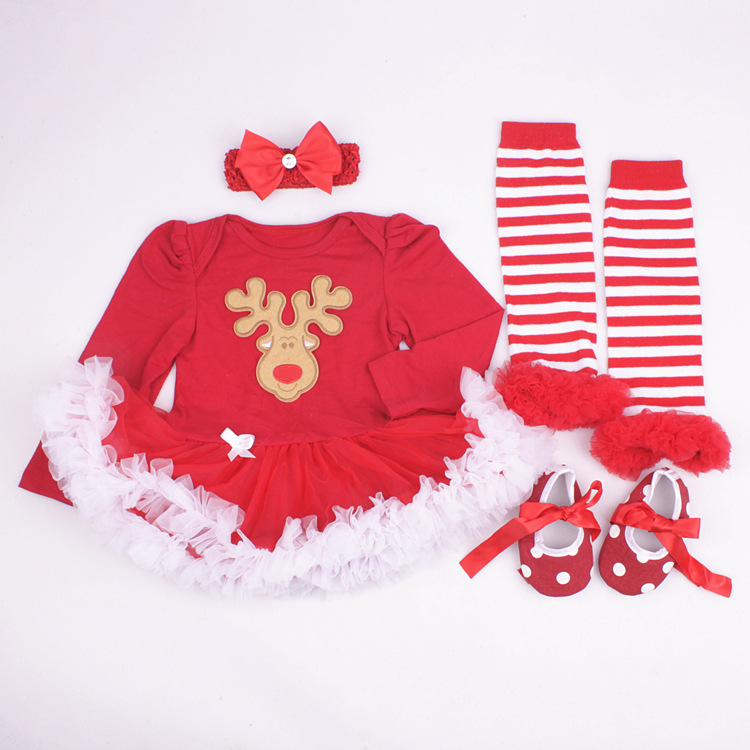 Amazon Christmas Tree Cartoon Newborn Baby Clothes for Babies Dress Four-Piece Set Foot Sock Shoes Head Wear