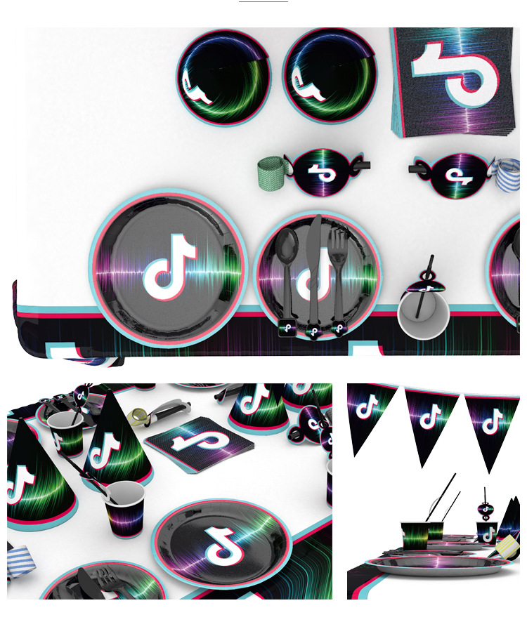 Amazon New TikTok Disposable Plate Cup Triangle Flag Birthday Set