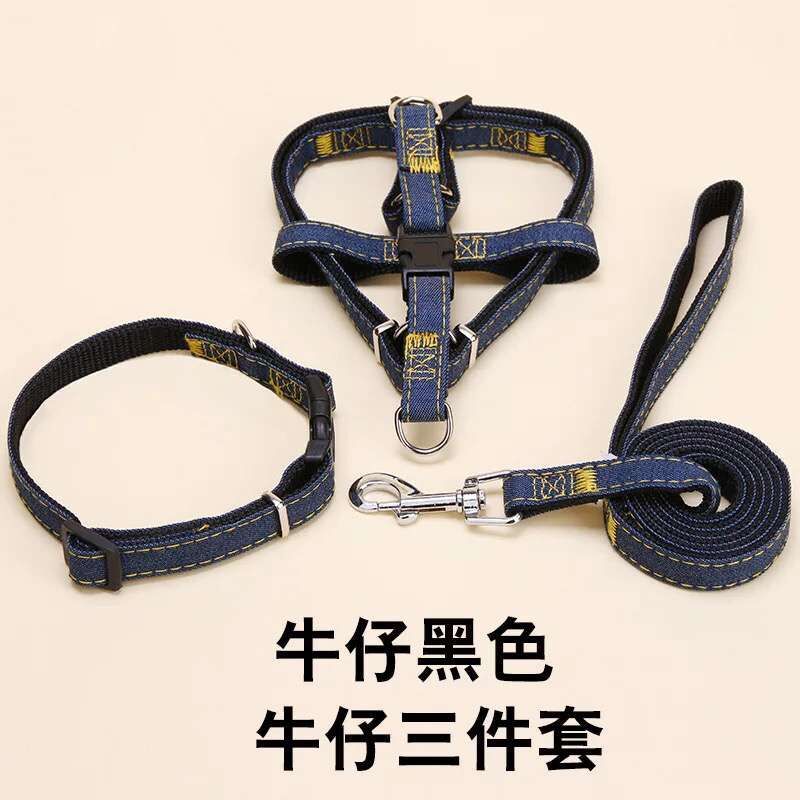 [3-70kg] Pet Hand Holding Rope Dog Leash Collar Dogs and Cats Denim Chest Strap Set Pet Supplies