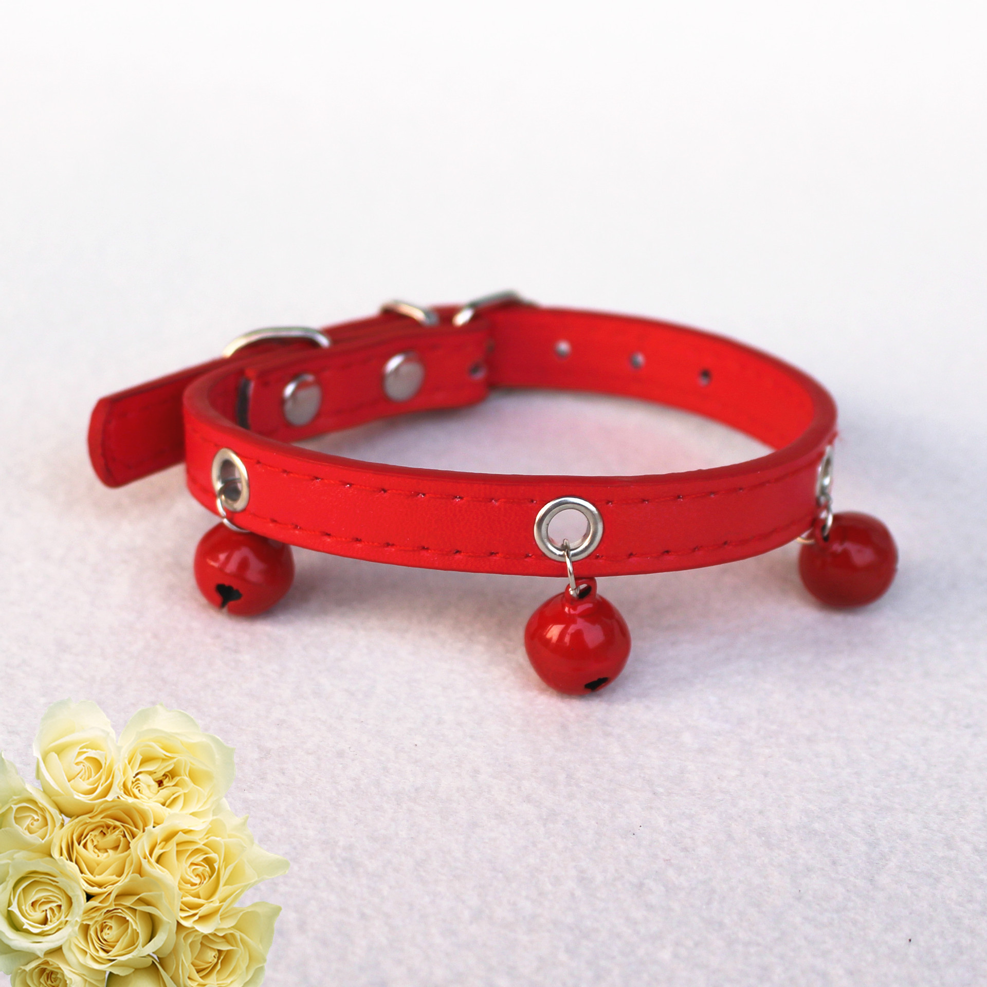 Pet Bell Collar PU Leather Paint Bell Fashion Candy Color Bite-Proof Protector Dogs and Cats Hand Holding Rope