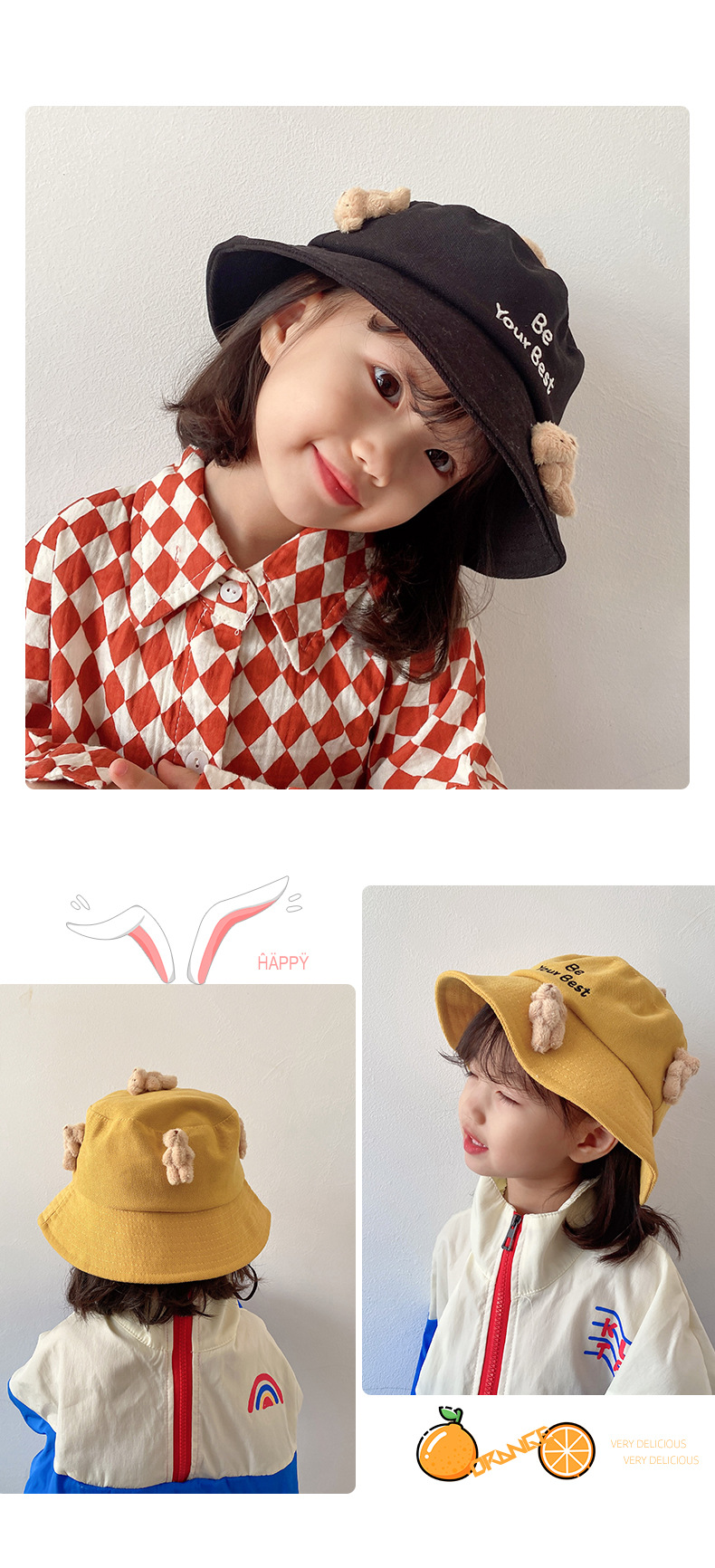 Children's Hat 2021 Autumn and Winter New Cartoon Bear Children's Bucket Hat Letters Maruko