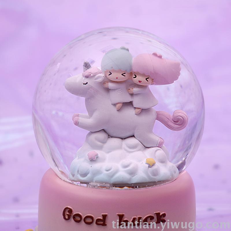 Resin craft set a moonlight little white horse Crystal Ball music box dream Luminous Snowflake Music Box