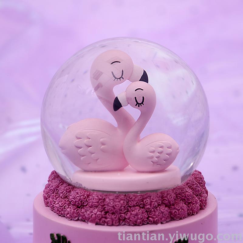 Resin Craft Creative Flamingo Crystal Ball Music box Dream Luminous Snowflake Music Box