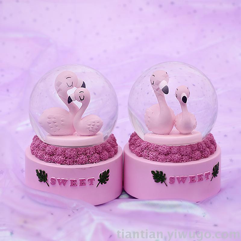 Resin Craft Creative Flamingo Crystal Ball Music box Dream Luminous Snowflake Music Box
