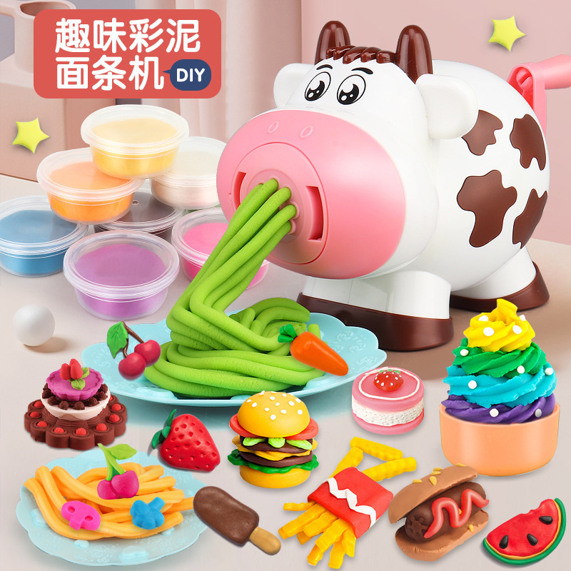 Cartoon Cow Colored Clay Noodle Maker Multifunctional Play House Girl Ice Cream Plasticene DIY Toy Set