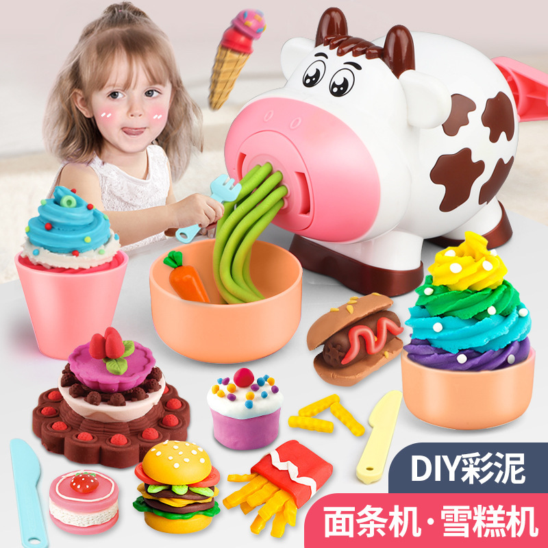 Cartoon Cow Colored Clay Noodle Maker Multifunctional Play House Girl Ice Cream Plasticene DIY Toy Set
