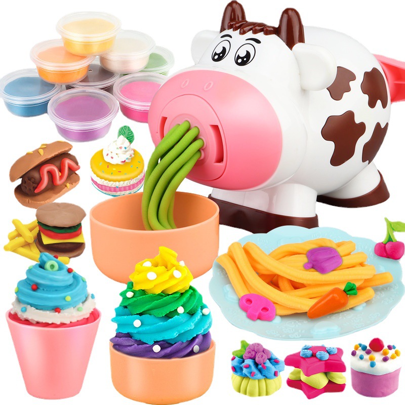 Cartoon Cow Colored Clay Noodle Maker Multifunctional Play House Girl Ice Cream Plasticene DIY Toy Set