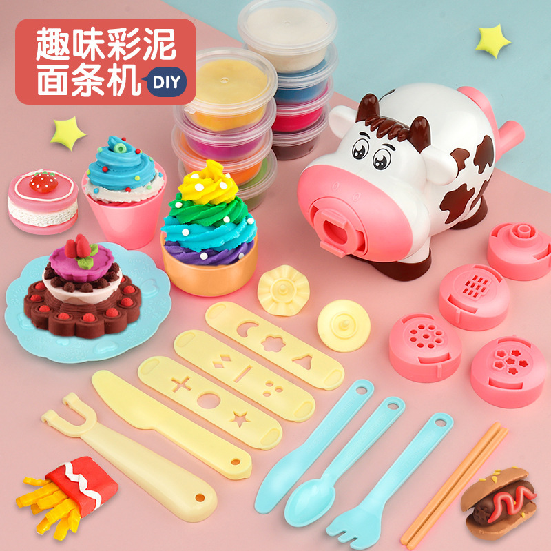 Cartoon Cow Colored Clay Noodle Maker Multifunctional Play House Girl Ice Cream Plasticene DIY Toy Set