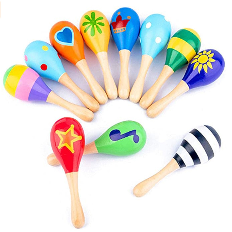 Wooden Small Size Sand Hammer Sand Ball Wooden Cartoon Sand Hammer Infant Beneficial Early Education Toys