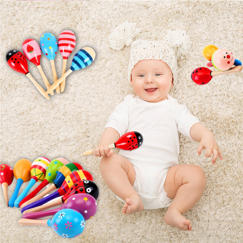 Wooden Small Size Sand Hammer Sand Ball Wooden Cartoon Sand Hammer Infant Beneficial Early Education Toys