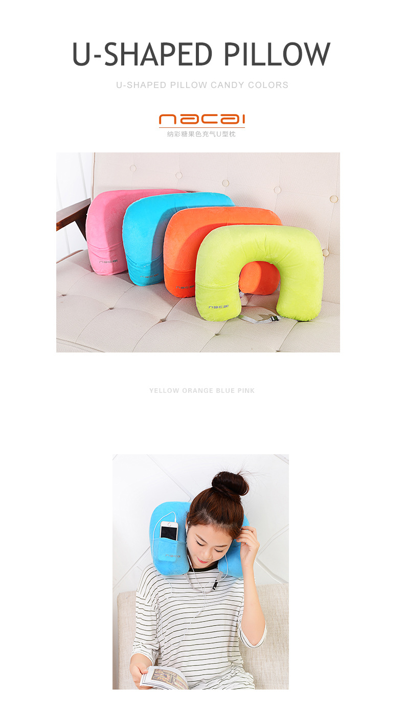 NACAI Candy Color U-Shape Pillow Airplane Portable Inflatable Pillow Velvet Cover Outdoor Travel Business Trip Cervical Pillow