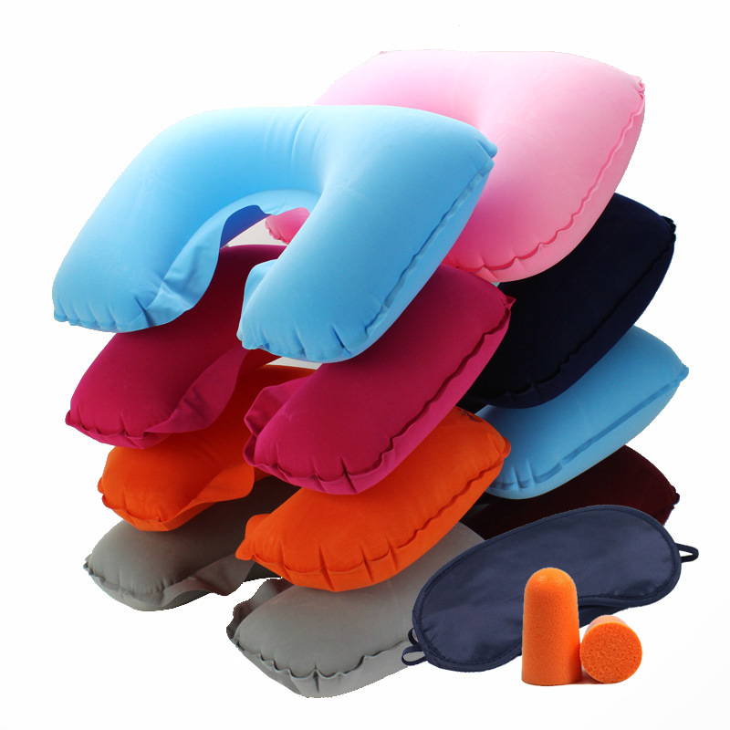 Travel Three Pieces Car Aviation Pillow Flocking Inflatable Neck Pillow Travel Earplugs Eye Mask U-Shape Pillow Three-Piece Set