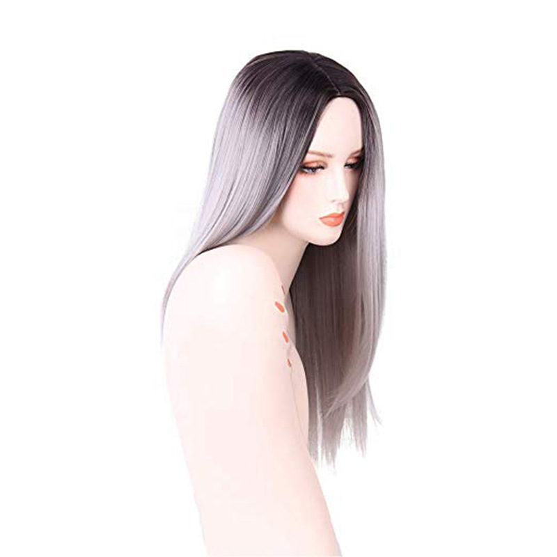 Factory Direct Sales European Wig Mid-Length Straight Black Gradient Gray Dyed Wig Chemical Fiber Full Top Hood Factory Direct Sales European Wig Mid-Length Straight Black Gradient Gray Dyed Wig Chemical Fiber Full Top Hood