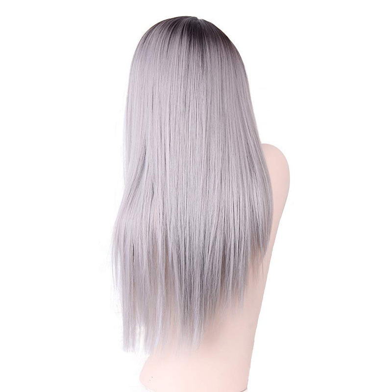 Factory Direct Sales European Wig Mid-Length Straight Black Gradient Gray Dyed Wig Chemical Fiber Full Top Hood