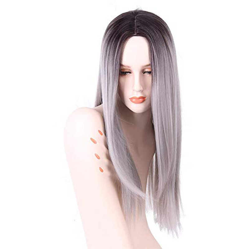 Factory Direct Sales European Wig Mid-Length Straight Black Gradient Gray Dyed Wig Chemical Fiber Full Top Hood Factory Direct Sales European Wig Mid-Length Straight Black Gradient Gray Dyed Wig Chemical Fiber Full Top Hood