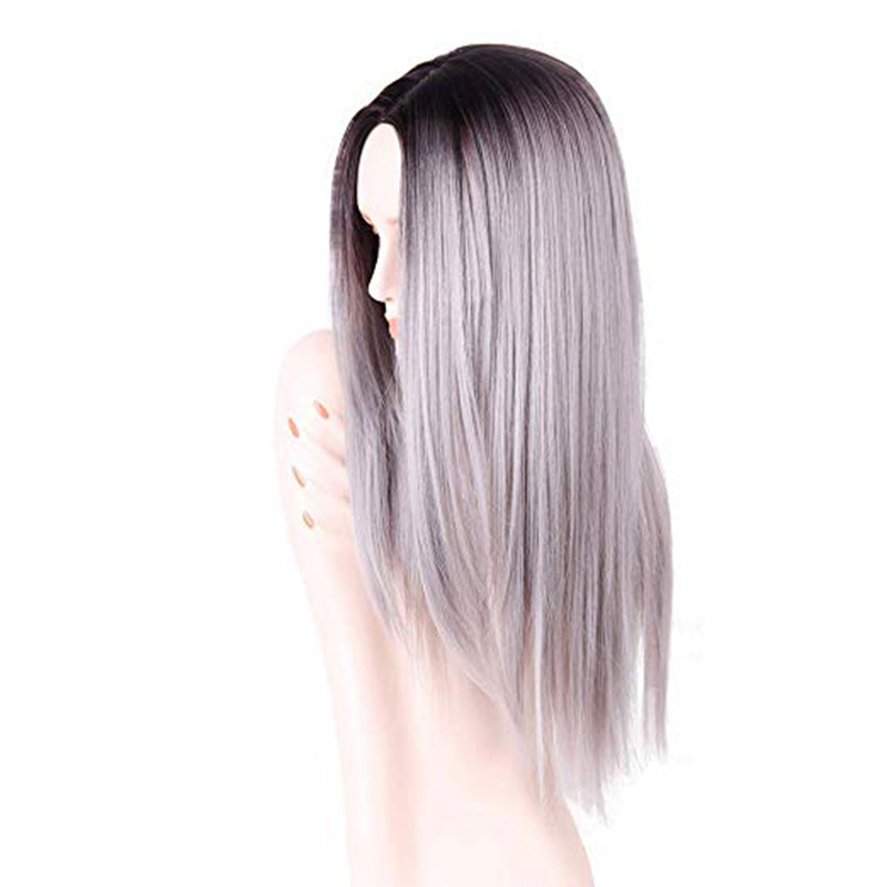 Factory Direct Sales European Wig Mid-Length Straight Black Gradient Gray Dyed Wig Chemical Fiber Full Top Hood Factory Direct Sales European Wig Mid-Length Straight Black Gradient Gray Dyed Wig Chemical Fiber Full Top Hood