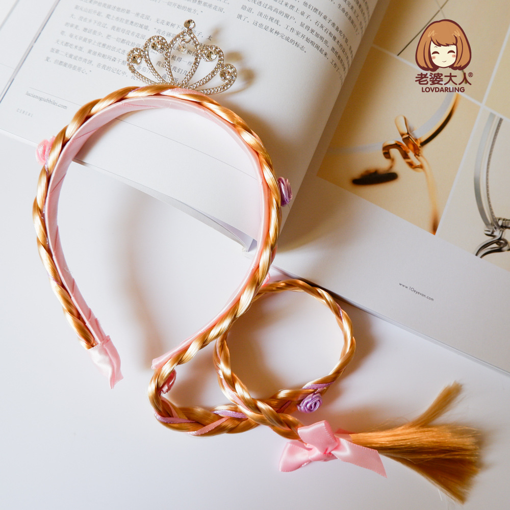 Fairy Tale Princess Crown Embedded Rhinestone Wig Braid Children&#039;s Headband Independent Packaging Blonde Braid Headband Hair Accessories